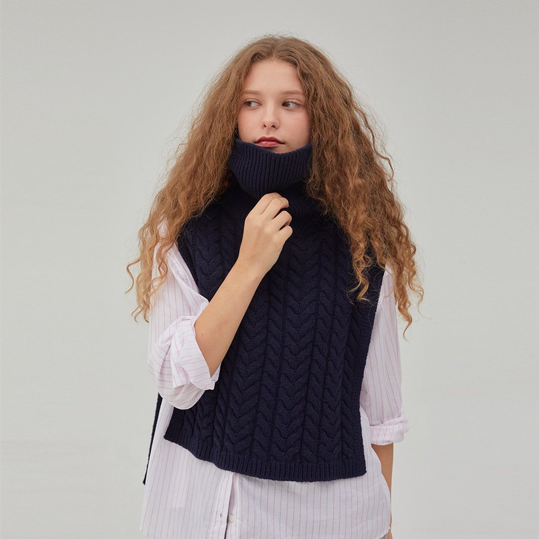 Turtleneck Knit Vest - Navy - 女装背心 - 羊毛 
