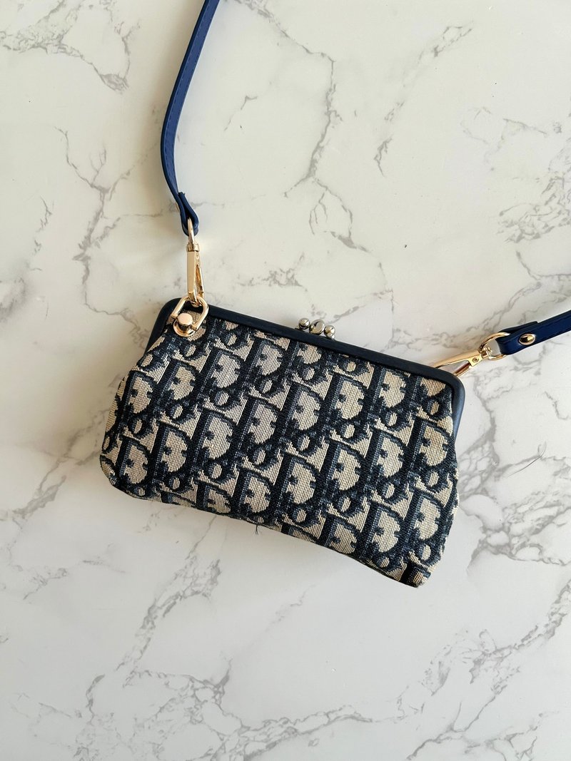 稀有中古二手 Dior 深蓝色老花口金小饺子包单肩侧背孭斜背手袋 - 侧背包/斜挎包 - 真皮 蓝色