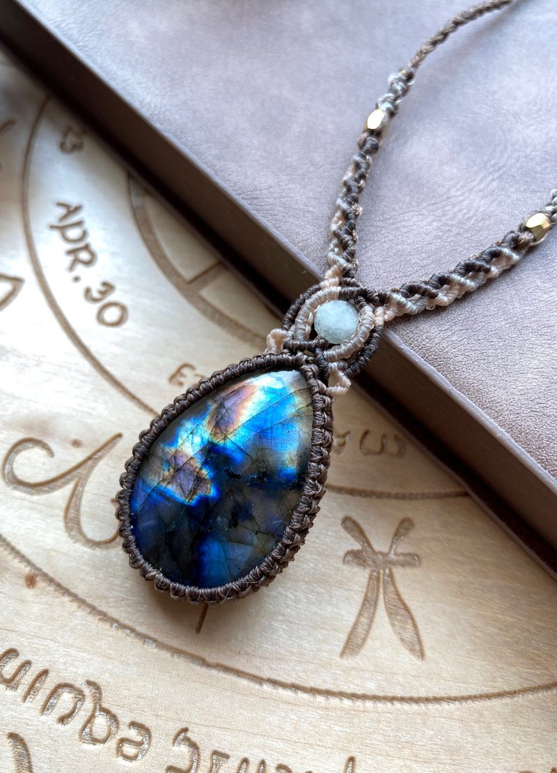 N224 波希米亚风 南美蜡线编织 拉长石  摩根石 铜珠项链 - 项链 - 宝石 咖啡色