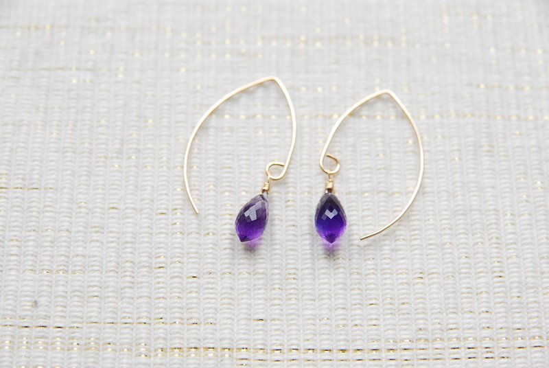 Amethyst Marquis hook earrings (14kgf) - 耳环/耳夹 - 宝石 紫色