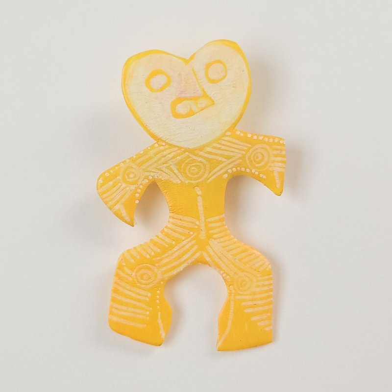 胸针 陶偶 手绘 独一无二 黄色 绳纹陶偶 - 胸针 - 塑料 黄色