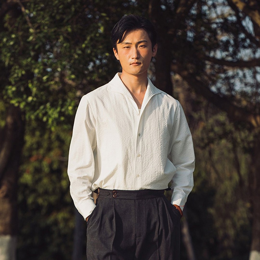 SOARIN英伦复古泡泡纱一片领衬衫(2521C382) - 男装衬衫 - 棉 白色