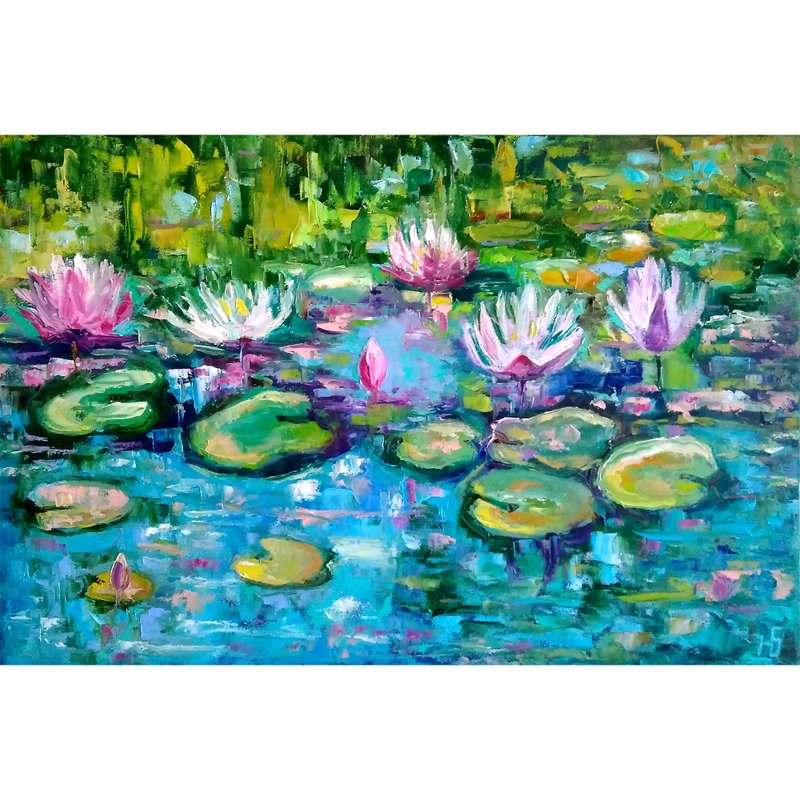 Water Lily Painting Original Art, Monet Pond Landscape Artwork, Floral Wall Art - 海报/装饰画/版画 - 棉．麻 多色