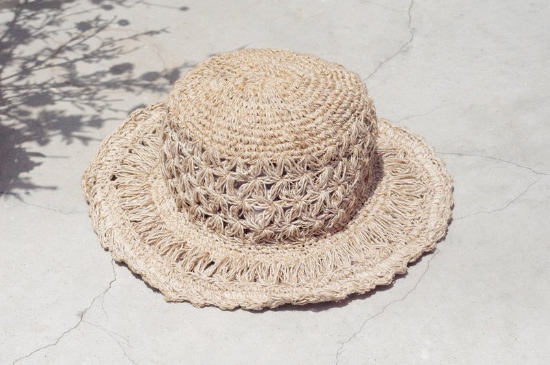 情人节 手工编织棉麻帽 编织帽 渔夫帽 草帽 草编帽 - 镂空花朵 - 帽子 - 棉．麻 卡其色