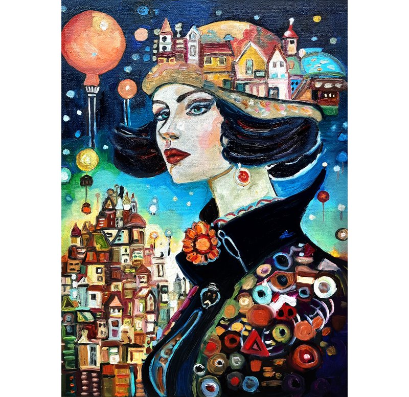 原创画 城市女孩 绘画城市 原创艺术 纸板油画 - 墙贴/壁贴 - 其他材质 蓝色