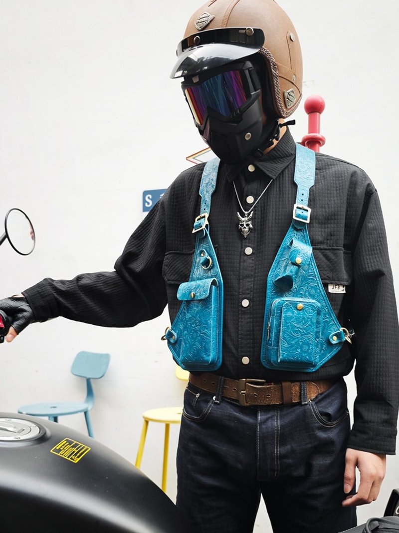 真皮工装马甲包男士头层牛皮复古背带腋下挎包潮牌机能胸包女 - 侧背包/斜挎包 - 真皮 蓝色