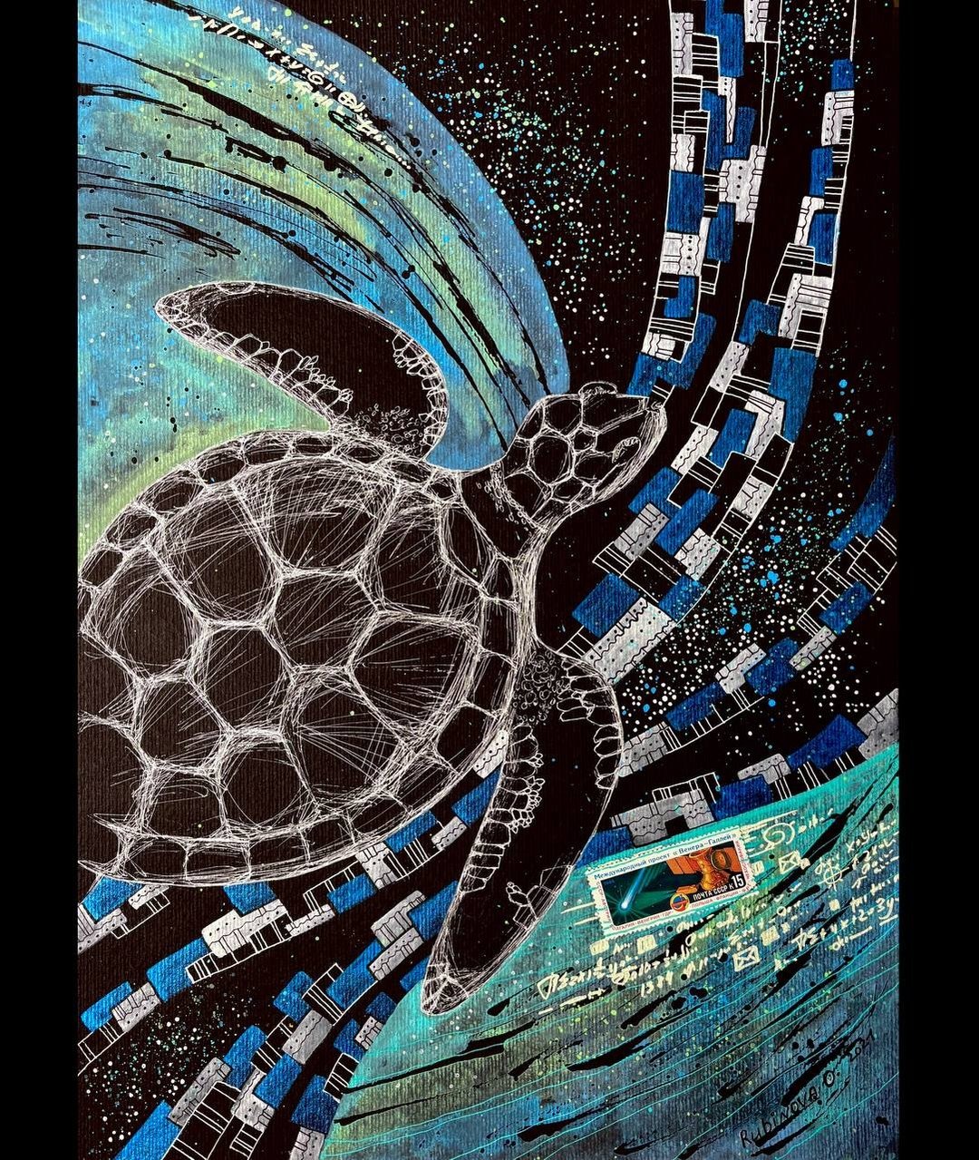 宇宙海龟画作 动物 原创水彩 黑纸艺术 海洋艺术 - 海报/装饰画/版画 - 纸 蓝色