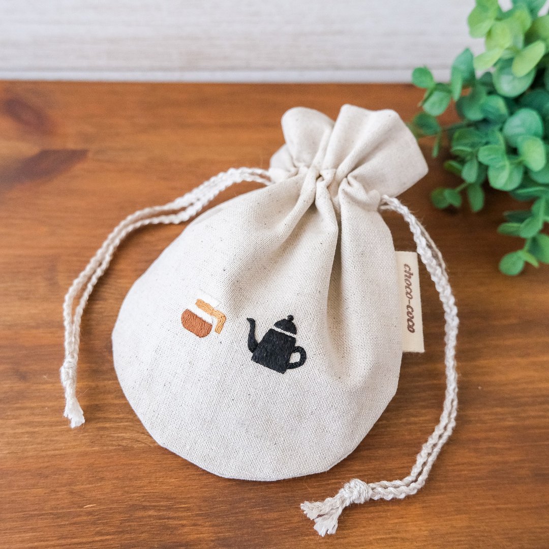 cafe drawstring pouch (coffee pot x coffee server) - 化妆包/杂物包 - 棉 咖啡色