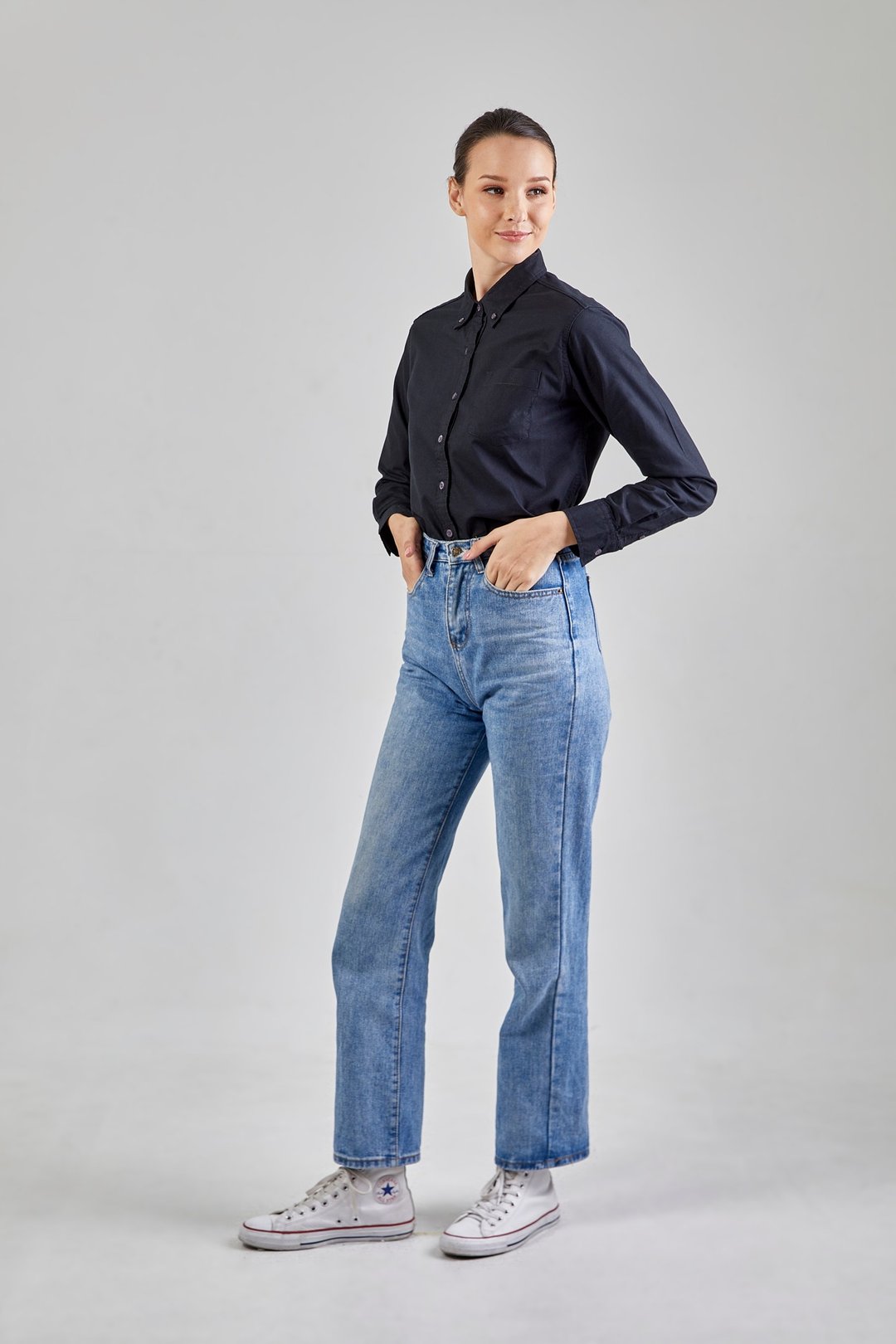 Oxford shirt : Long Sleeve (Black , 黑色) 长袖衬衫 - 女装衬衫 - 棉 黑色