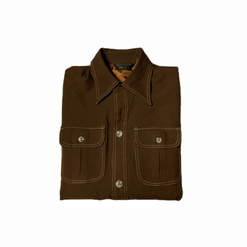 古着 70s JCPenney咖啡色西部休闲衬衫 - 男装衬衫 - 聚酯纤维 咖啡色