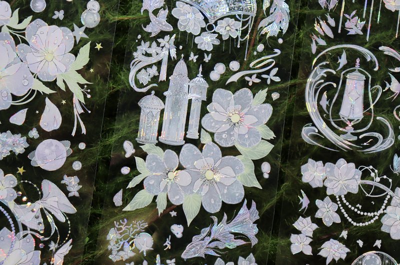 花影重 清麗花卉 半透明金箔 PET 紙膠帶 貝殼銀 10米卷 - 纸胶带 - 其他材质 白色