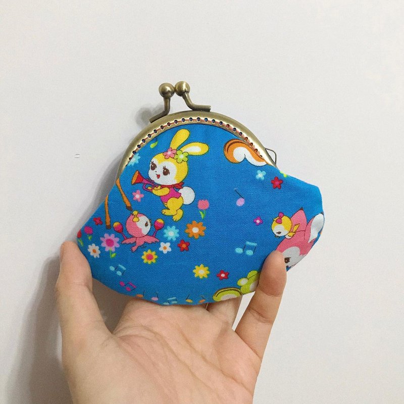 昭和风复古兔仔可爱口金散银包/散纸包 - 零钱包 - 棉．麻 蓝色
