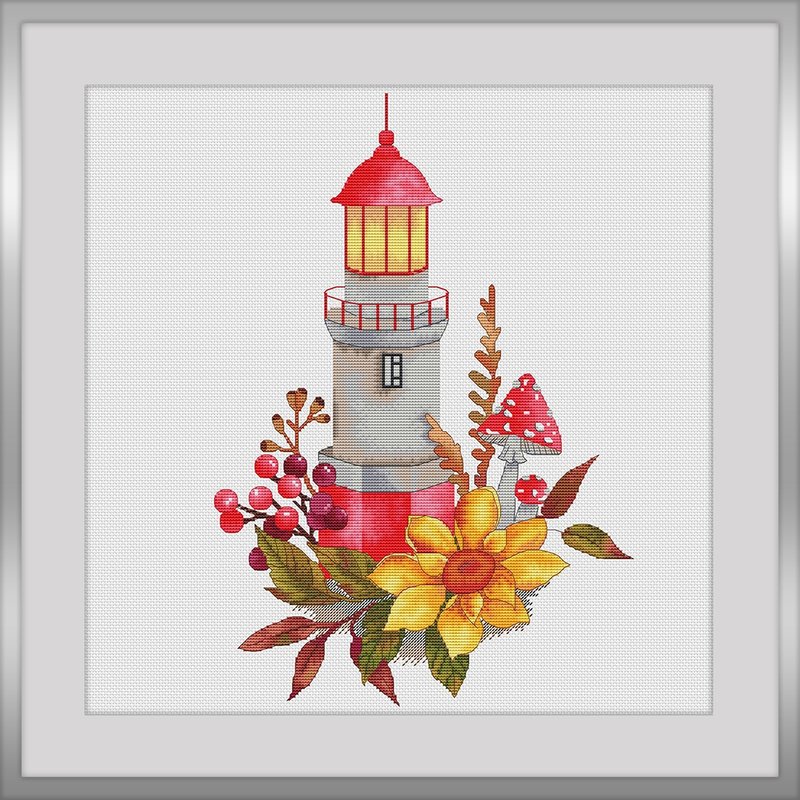 Lighthouse Cross Stitch Pattern PDF. Autumn Modern Digital scheme. Mushroom - 编织/刺绣/羊毛毡/裁缝 - 绣线 