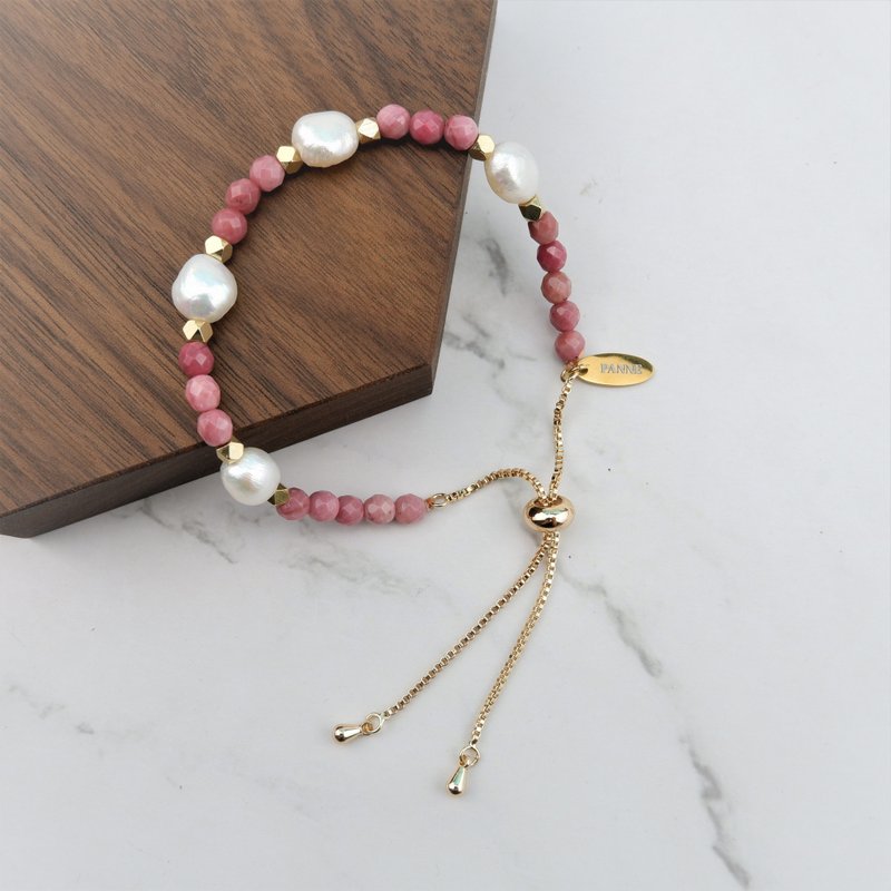 Freshwater Pearl and round stone Slider Bracelet - 手链/手环 - 珍珠 粉红色