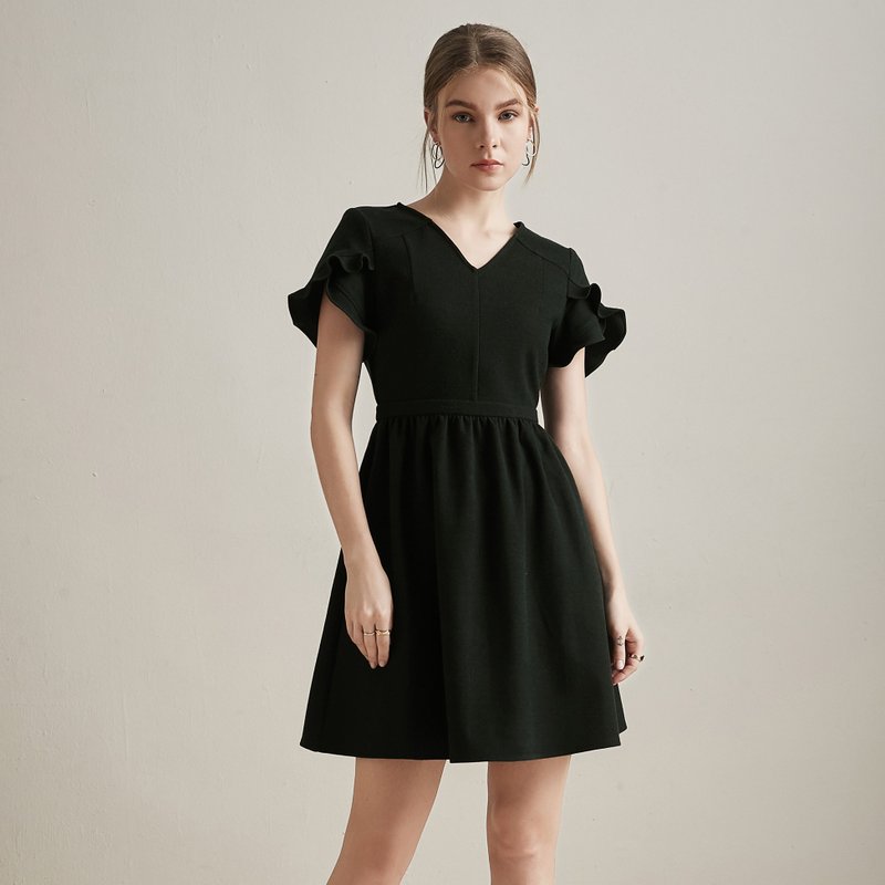 法乌娜花瓣袖连身裙 - 洋装/连衣裙 - 聚酯纤维 黑色