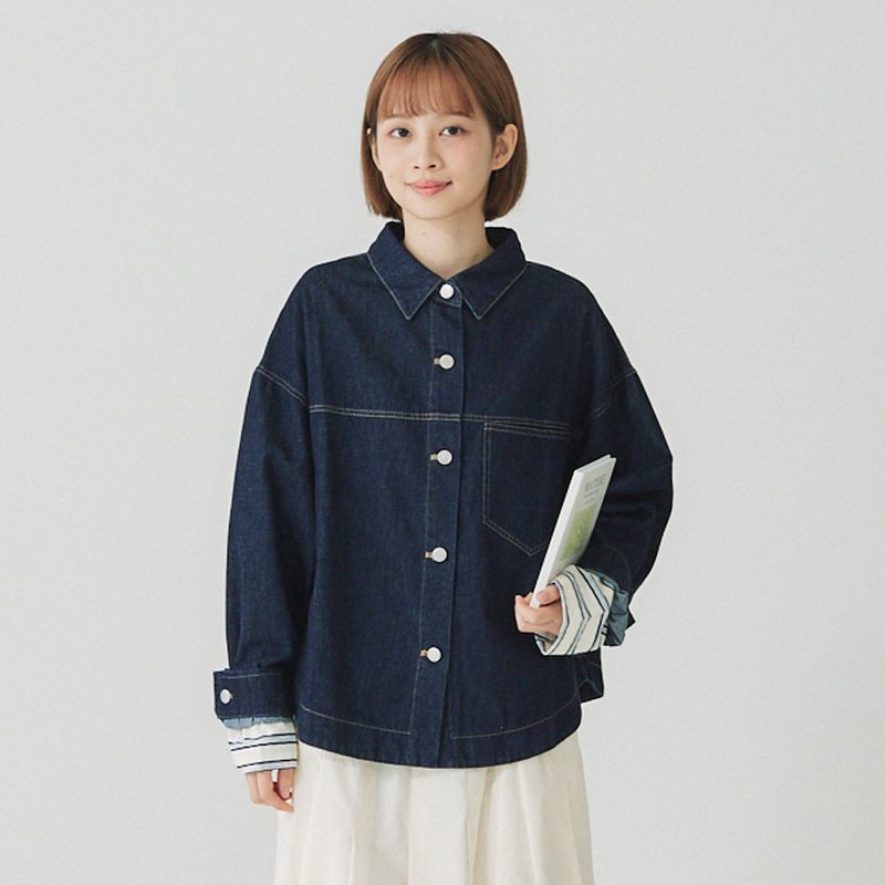 【Simply Yours】跳色车线牛仔外套 深蓝F - 女装休闲/机能外套 - 棉．麻 黑色