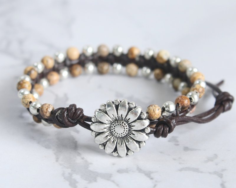 Jasper Leather Wrap Sunflower Bracelets For Women Best Friends Gift - 手链/手环 - 真皮 咖啡色