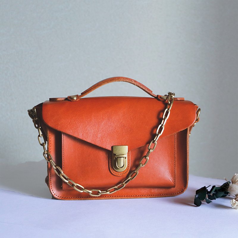 复古高级真皮斜挎单肩包 2WAY 包 约会包 植鞣革包 - 侧背包/斜挎包 - 真皮 橘色