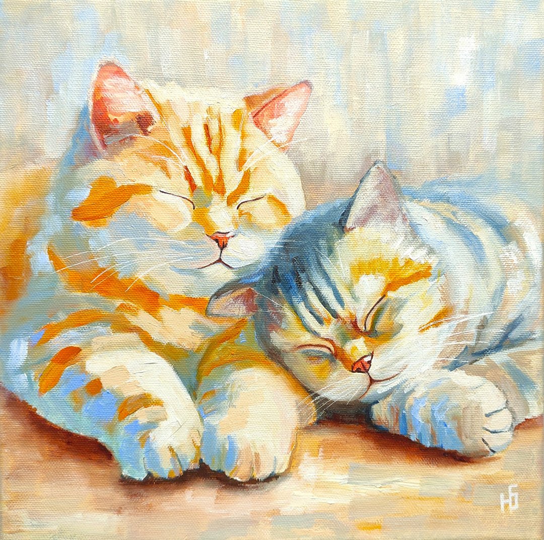 睡猫画，情侣原创艺术，浪漫宠物肖像，油画，油画原作 - 海报/装饰画/版画 - 其他材质 多色