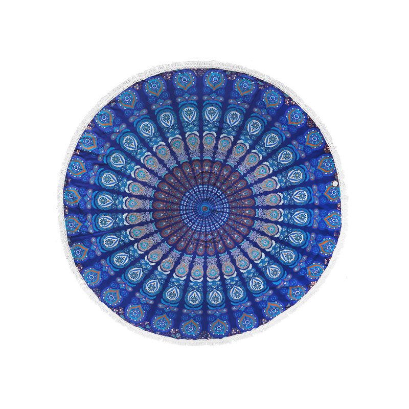 印度孔雀丝边圆形挂毯 / 野餐垫 / 沙滩巾 － 和平 - 野餐垫 - 棉．麻 蓝色