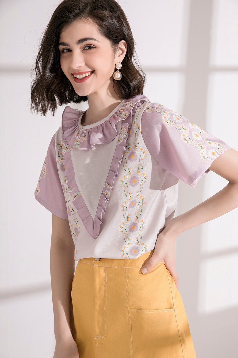 Nega C. 浪漫风V型细褶圆领上衣--浅粉紫色--无里衬 - 女装上衣 - 聚酯纤维 紫色