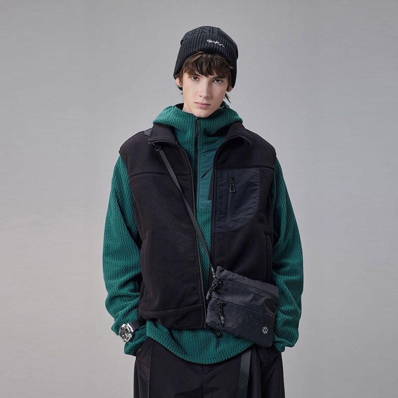 男士机能高领摇粒绒马甲背心 保暖背心外套 - 男装背心 - 聚酯纤维 黑色