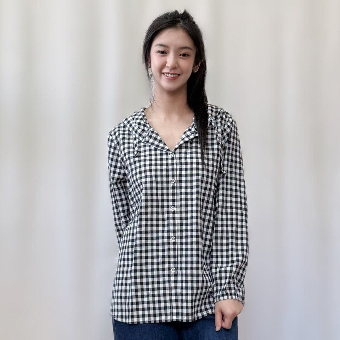 日系质感格纹上衣 - 女装上衣 - 其他材质 