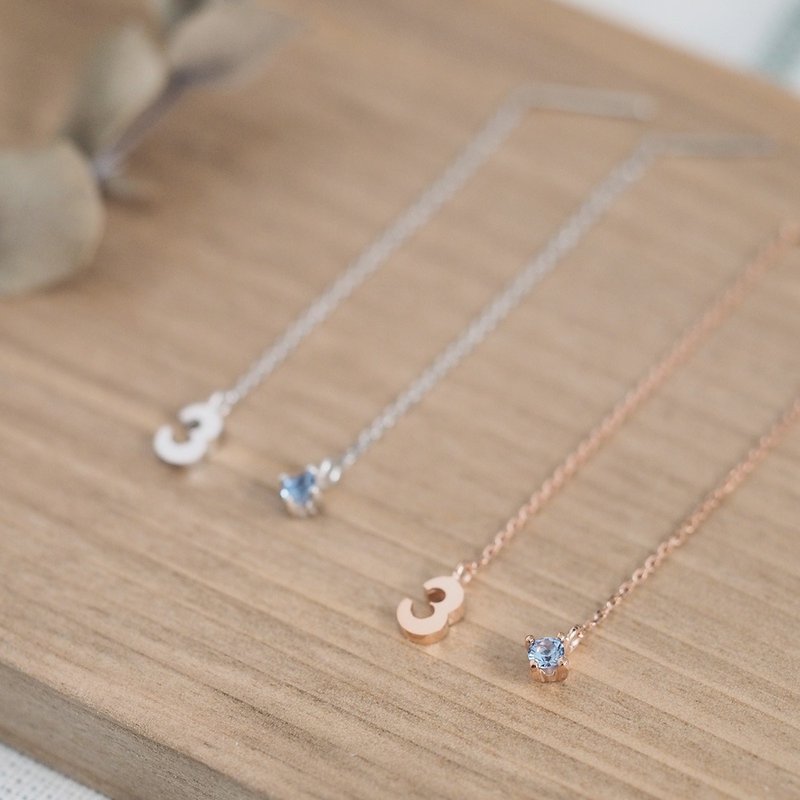 数位与三月诞生石海蓝宝石链式耳针925银 - 耳环/耳夹 - 其他金属 灰色