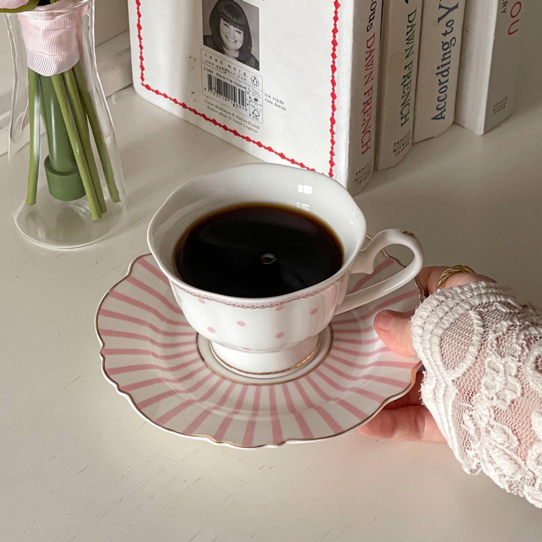 陶瓷咖啡茶圆点杯子和碟子粉色 - 茶具/茶杯 - 陶 粉红色