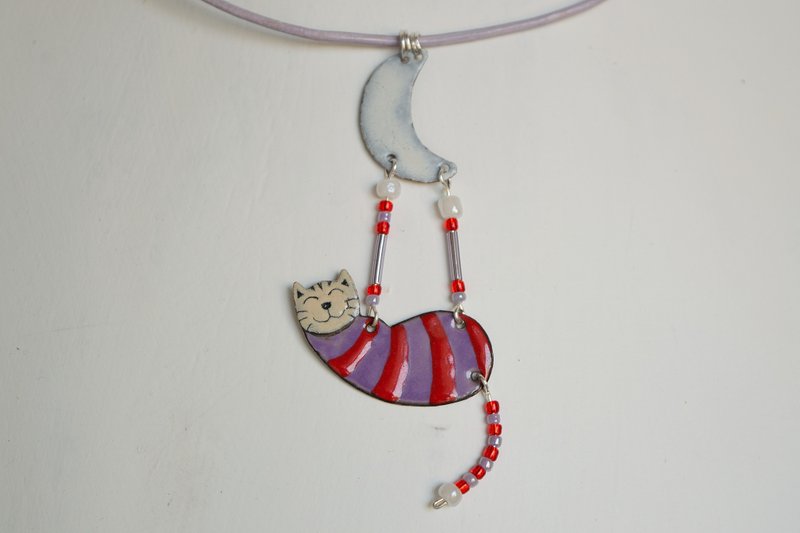 Cat necklace, Enamel necklace, Purple striped cat, Cat jewelry, Cat and moon - 项链 - 珐琅 紫色