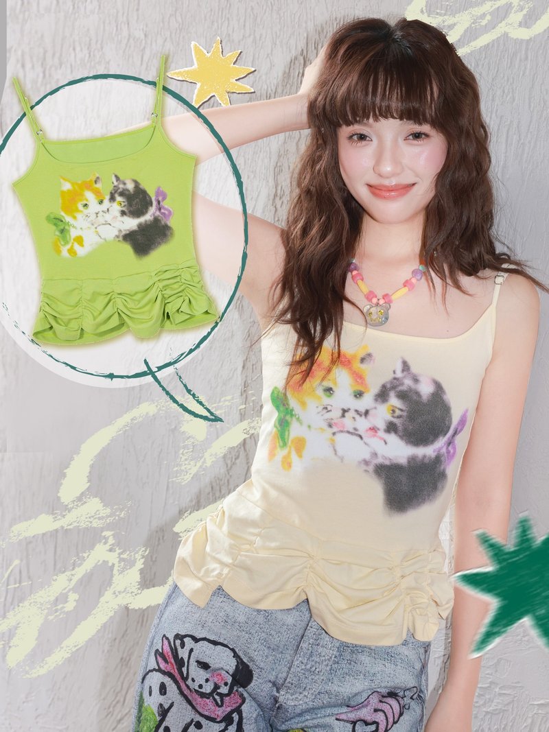双色小猫印花泡泡抽褶吊带可爱童趣显瘦 - 女装背心 - 其他材质 多色