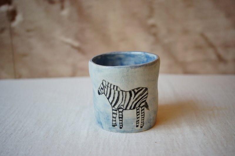 手捏粉引 斑马 日式茶杯 220 ml  汤吞杯 主人杯 荞麦杯 - 茶具/茶杯 - 陶 蓝色