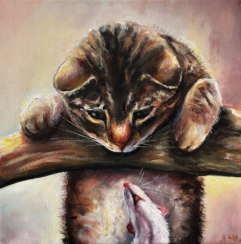 虎斑猫画作，棕色挂画，可爱动物，猫与老鼠，宠物肖像 - 墙贴/壁贴 - 棉．麻 咖啡色