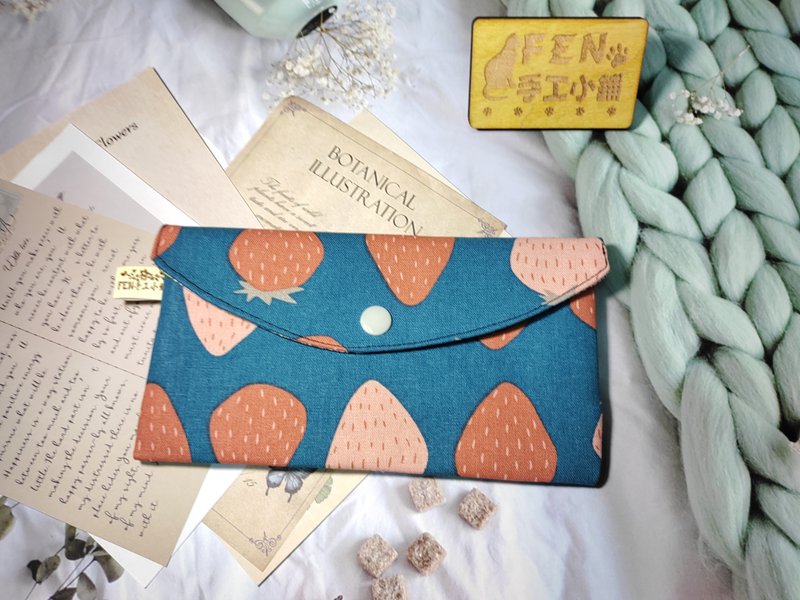 FEN手工小铺-F系列-棉麻布蓝底粉草莓单层款布红包袋-手作布红包- - 手拿包 - 棉．麻 