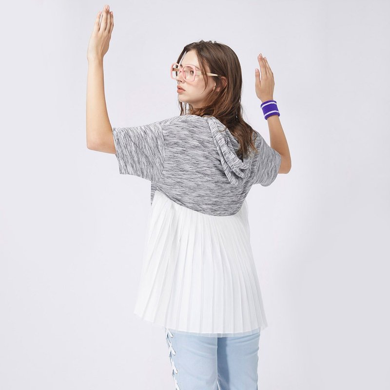 【女款】背后百褶连帽上衣 / 麻灰色 - 女装上衣 - 其他材质 灰色