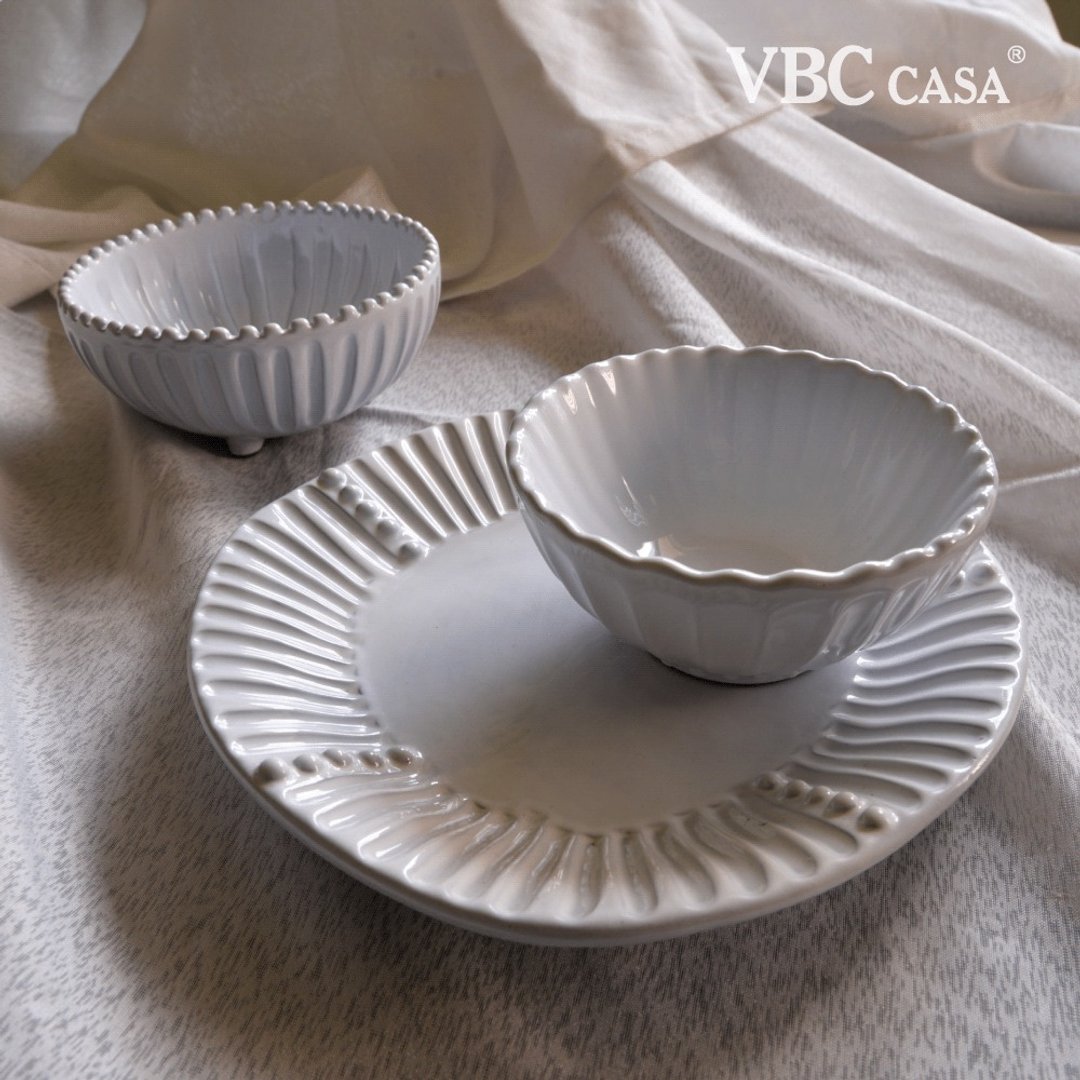 【优惠套组】意大利VBC casa纯白条纹系列3件礼盒组(2碗1盘) - 盘子/餐盘/盘架 - 陶 白色