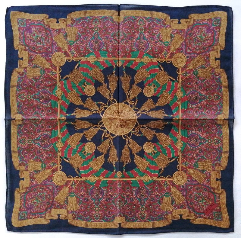 Celine 古董丝巾 - 手帕 装饰性 古典图纹 20.5 x 20 英寸 - 丝巾 - 棉．麻 咖啡色