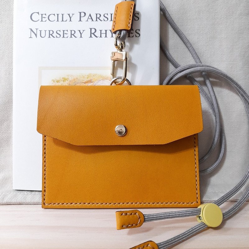 颈挂式名片夹/零钱包/小皮夹/真皮/手工制作/芒果黄-附可调颈绳 - 零钱包 - 真皮 