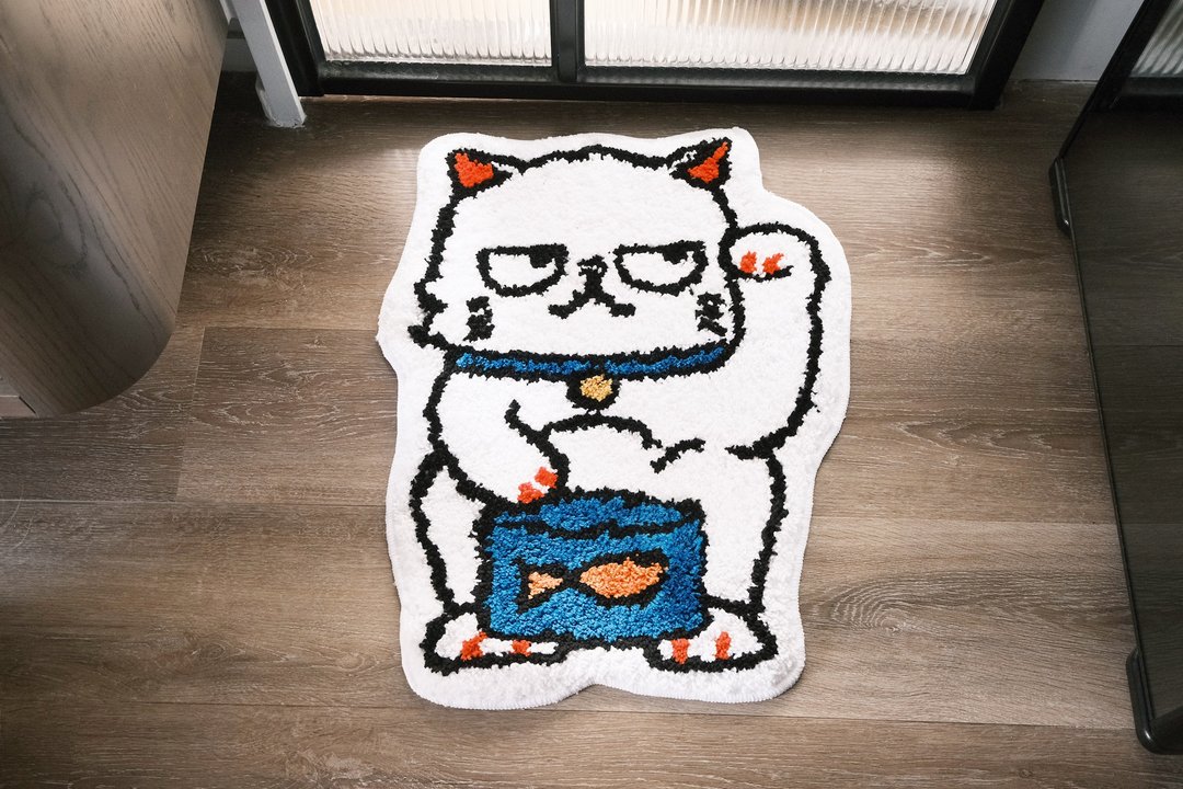 财源滚滚 开运招财猫地毯 坐垫 - 地垫/地毯 - 聚酯纤维 白色