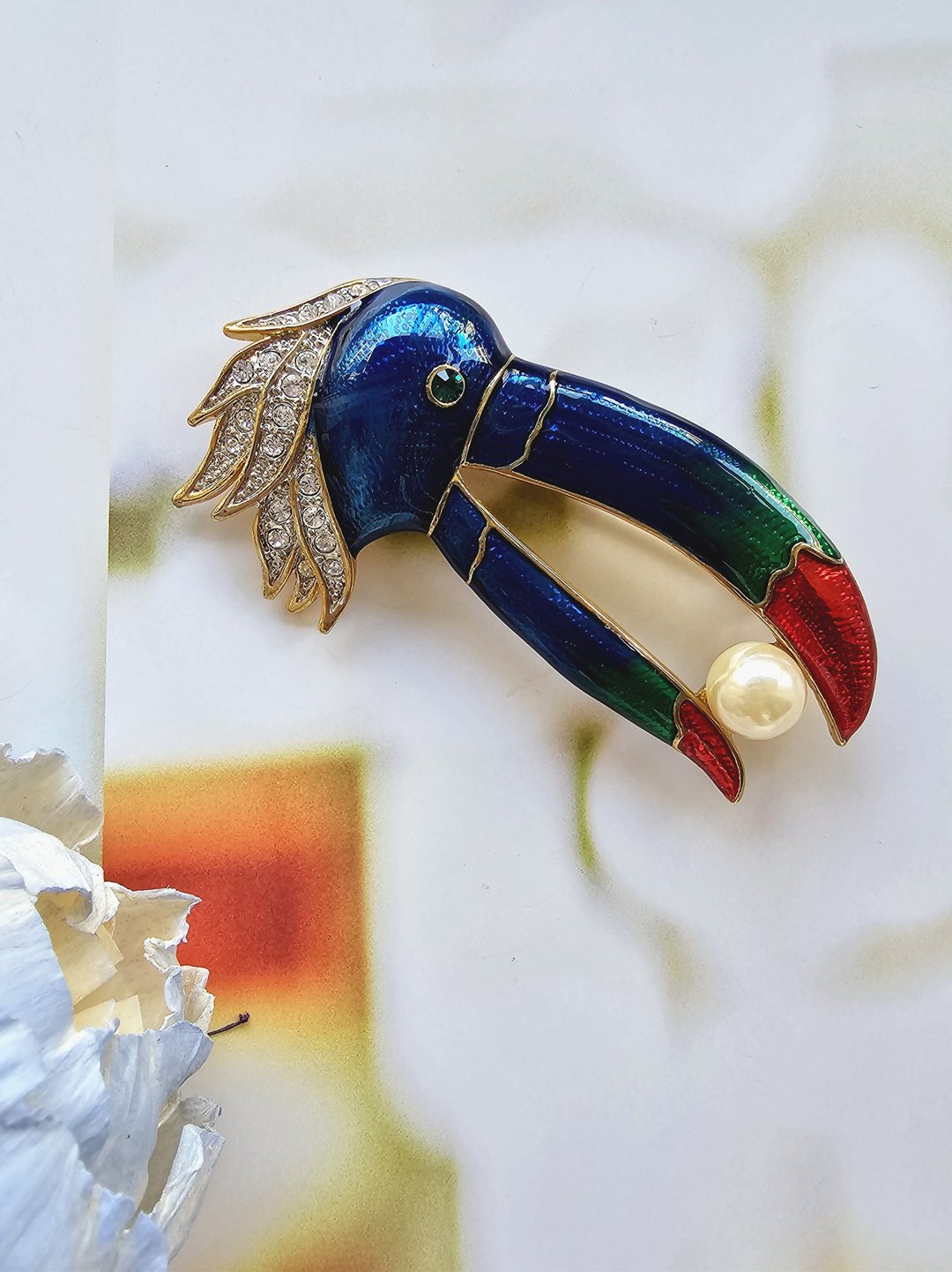 美国西洋古董饰品/ 鲜艳绿眼巨嘴鸟珐琅水钻珍珠胸针/珠宝首饰 - 胸针 - 其他金属 
