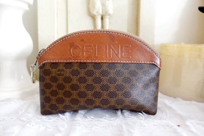 法国奢侈品牌中古老款CELINE真皮压纹配PU图案零钱包手抓 - 零钱包 - 其他金属 咖啡色