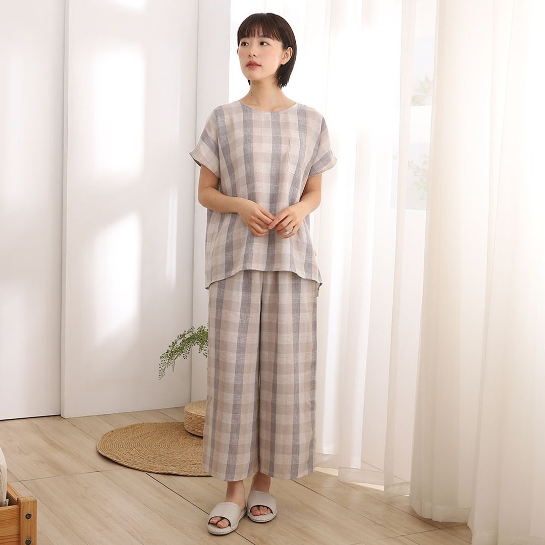 自然系棉麻格纹套装-共2色 - 居家服/睡衣 - 棉 多色