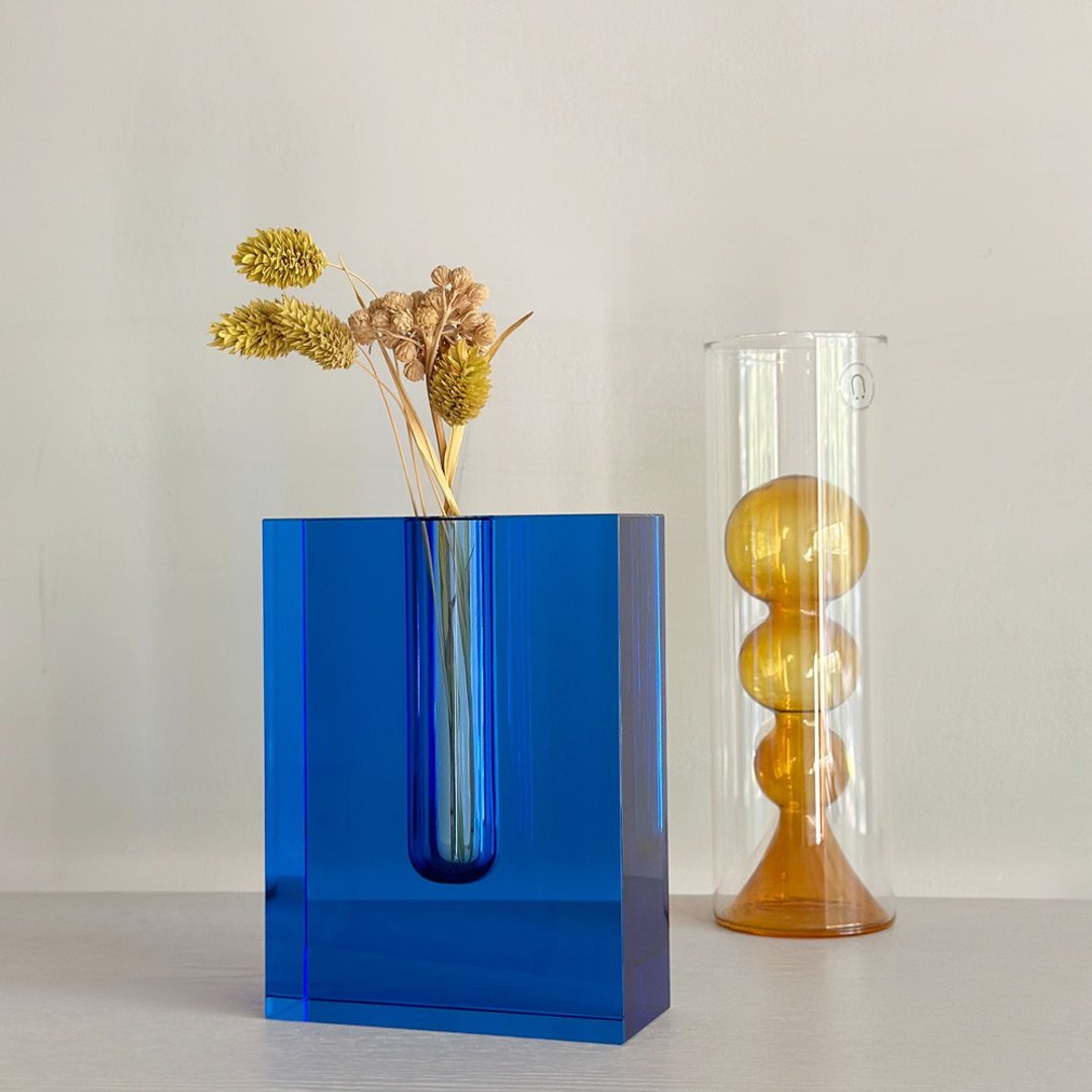 【Hübsch】－340904 蓝色时尚造型花瓶 花器 插花 摆饰 纸镇七夕 - 花瓶/陶器 - 玻璃 蓝色
