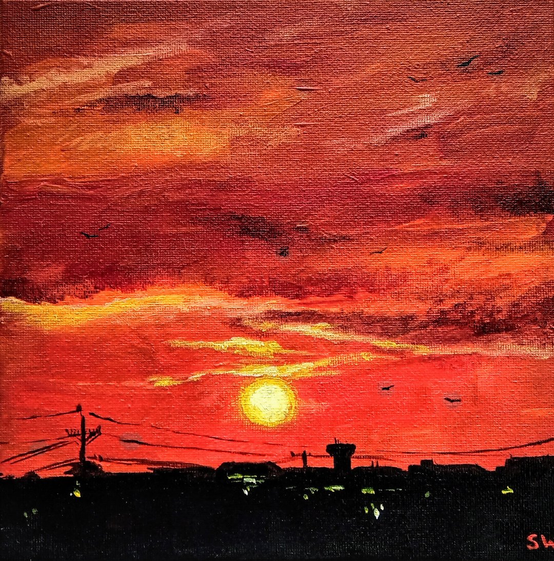 Red Sunset Painting Landscape Original Art USA Texas Dallas Canvas 8 x 8 in - 墙贴/壁贴 - 其他材质 红色