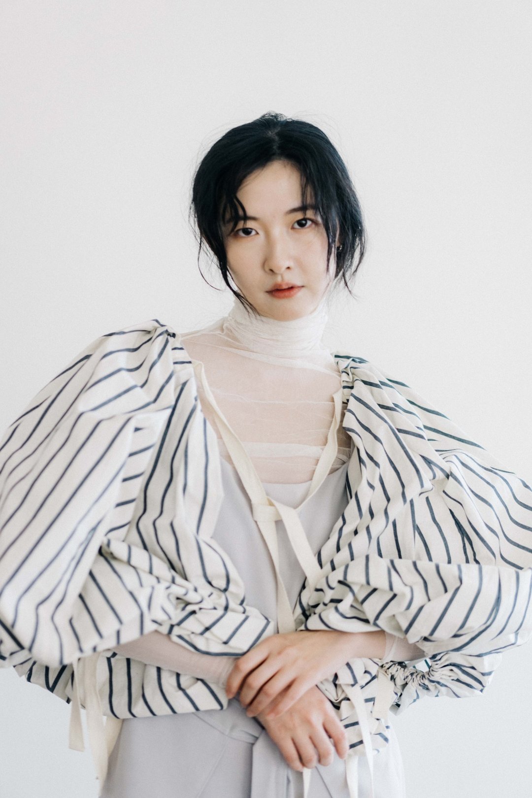 棉麻澎袖条纹造型外搭 - 女装上衣 - 棉 