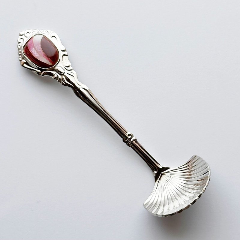 古董糖勺【宝石红】景泰蓝勺，纯银底座，景泰蓝铁丝 - 餐刀/叉/匙组合 - 玻璃 红色