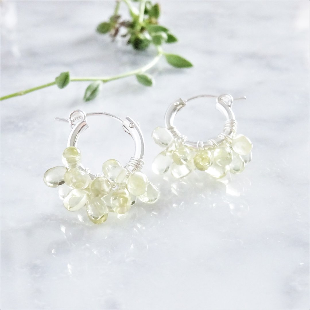 SV925 SF Lemon Quartz*wrapped hoop pierced earring / earring - 耳环/耳夹 - 宝石 黄色