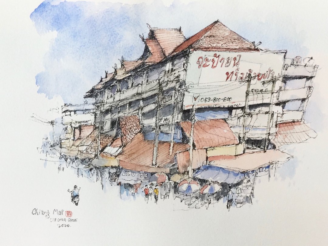 清迈市集/手绘原创/淡彩/含画框 - 海报/装饰画/版画 - 纸 咖啡色