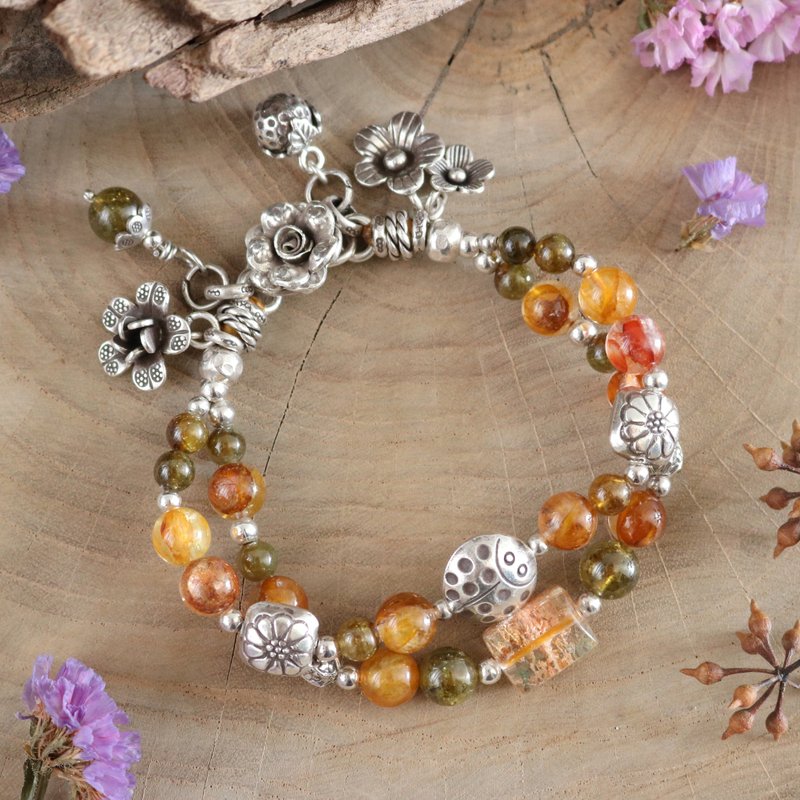 黄胶花石绿石榴石幽灵水晶花瓢虫手链 泰银设计款 手作纯银饰品 - 手链/手环 - 水晶 黄色