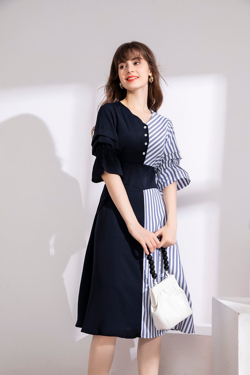 优雅V领拼色连身长裙--深蓝色--有里衬 - 洋装/连衣裙 - 其他人造纤维 蓝色